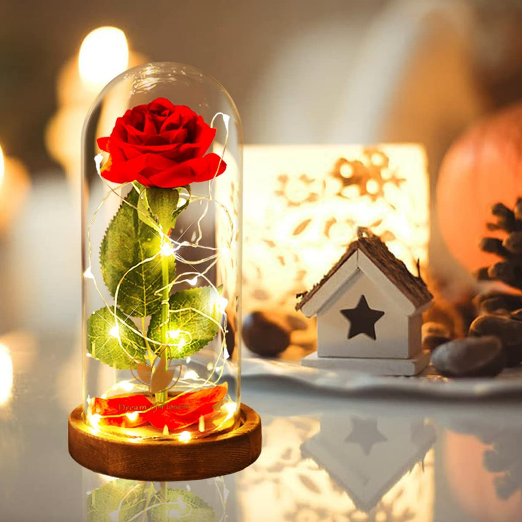 Enchanting Forever Rose in Glass Dome with LED Lights - Perfect Valentine's Day Gift for Her, Mom, Wife, Anniversary, Birthday, and Wedding Home Decor