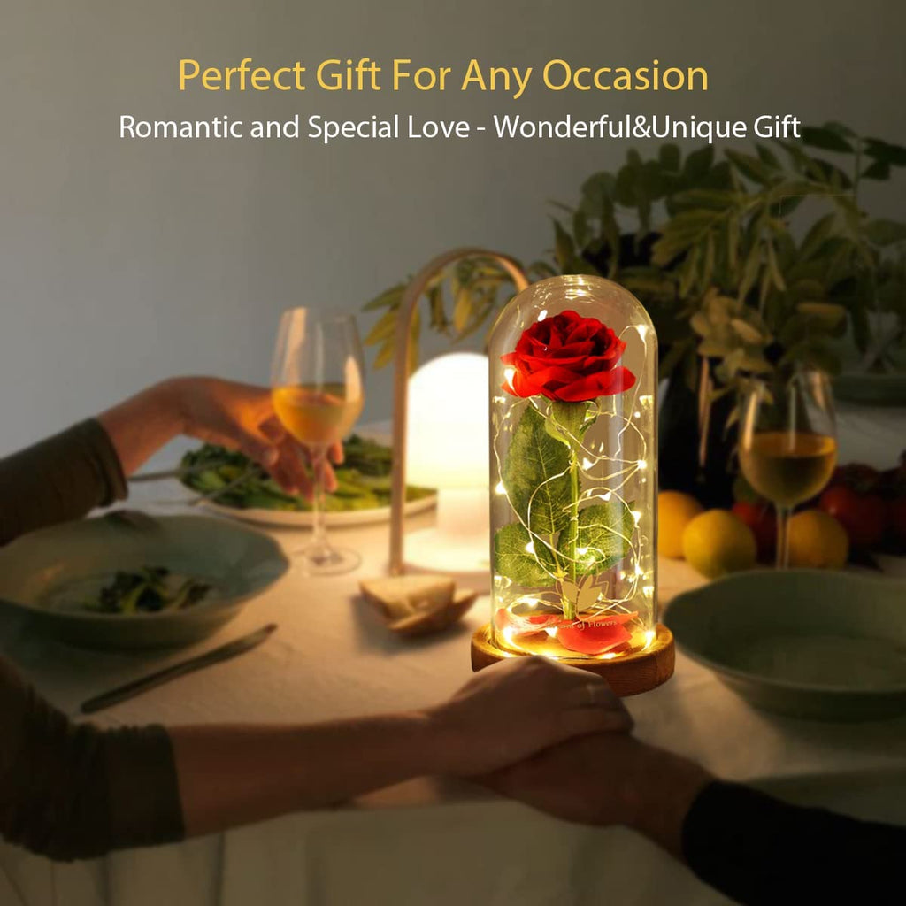 Enchanting Forever Rose in Glass Dome with LED Lights - Perfect Valentine's Day Gift for Her, Mom, Wife, Anniversary, Birthday, and Wedding Home Decor