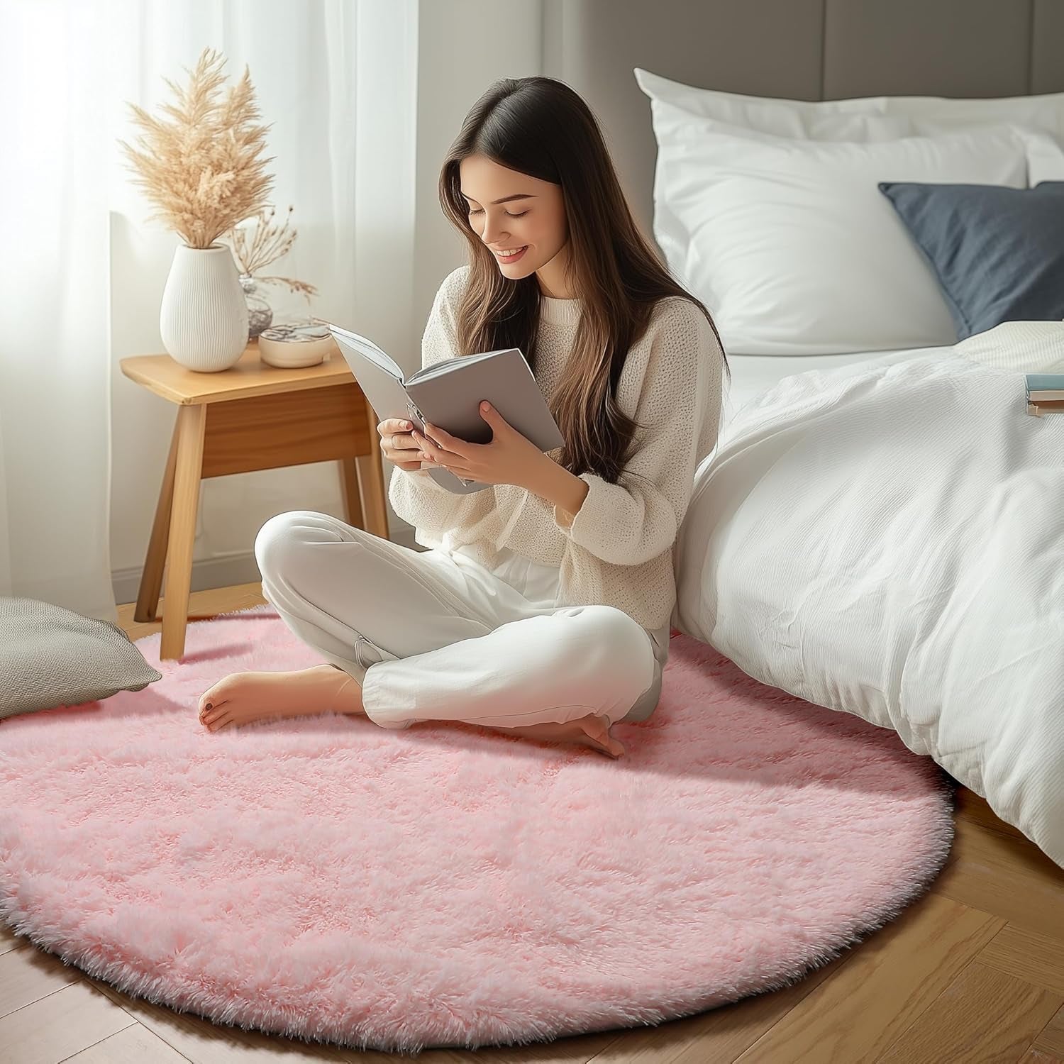 Light Pink round Area Rugs 2Ft for Bedroom Living Room, Fluffy Cat Dog Bed Mat, Circle Rug for Kids Girls Boys Teen, Soft Plush Shaggy Carpet for Nursery Dorm Home Decor Aesthetic