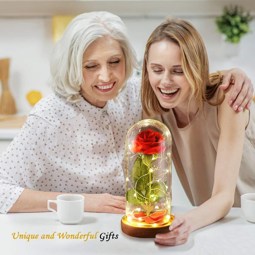 Enchanting Forever Rose in Glass Dome with LED Lights - Perfect Valentine's Day Gift for Her, Mom, Wife, Anniversary, Birthday, and Wedding Home Decor