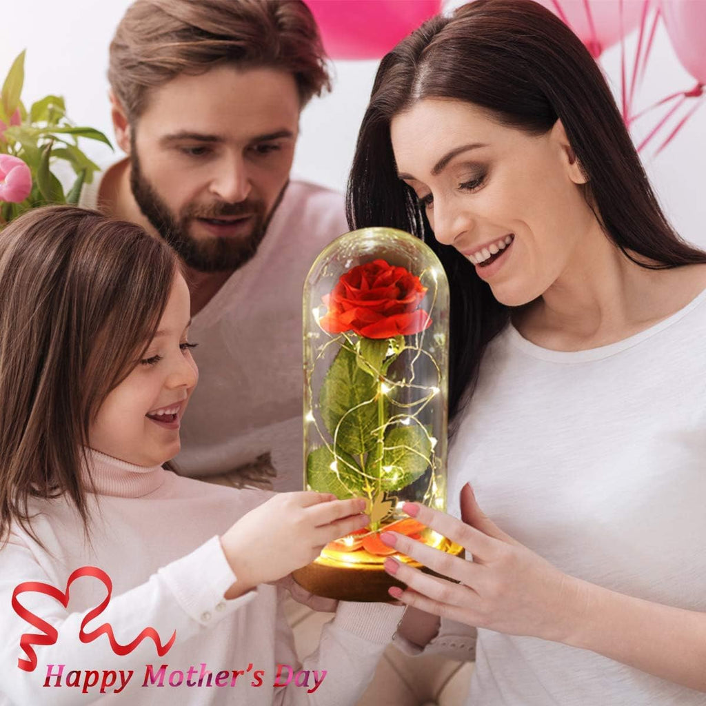 Enchanting Forever Rose in Glass Dome with LED Lights - Perfect Valentine's Day Gift for Her, Mom, Wife, Anniversary, Birthday, and Wedding Home Decor