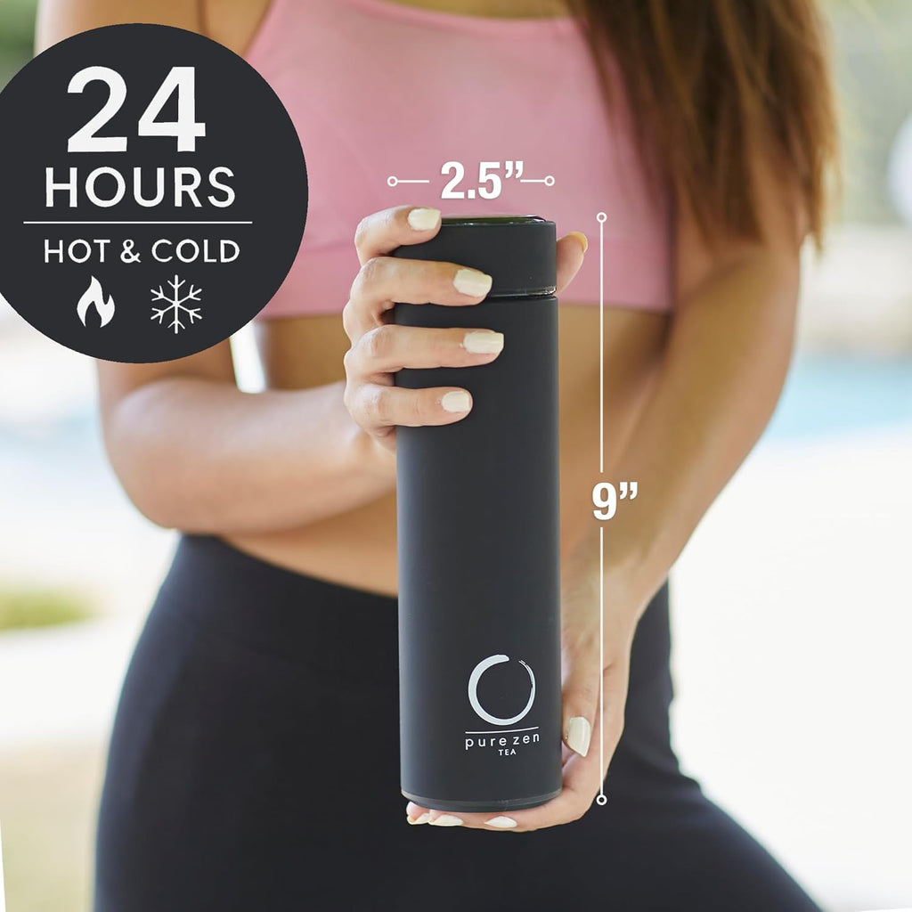 Thermos with Infuser for Hot and Cold Infusions, Coffee and Fruit-Infused Water - Stainless Steel - Tea Infuser Bottle - Leakproof Travel Mug with Filter - 15Oz - Black